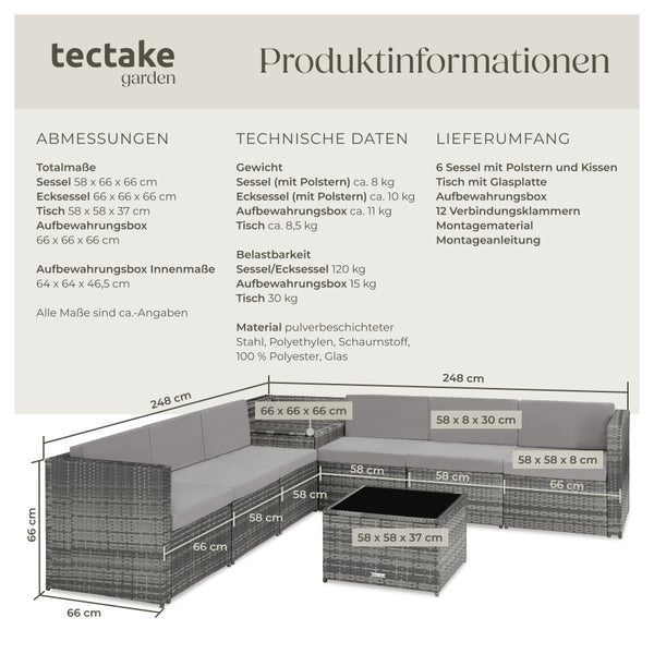 Rattan Lounge tectake Verona mit Sicherheitsglasplatte für 6 Personen grau