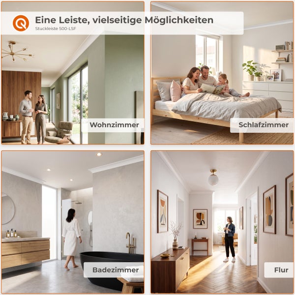 Stuckleiste 500-LSF in verschiedenen Wohnräumen montiert, inklusive Wohnzimmer, Schlafzimmer, Badezimmer und Flur.