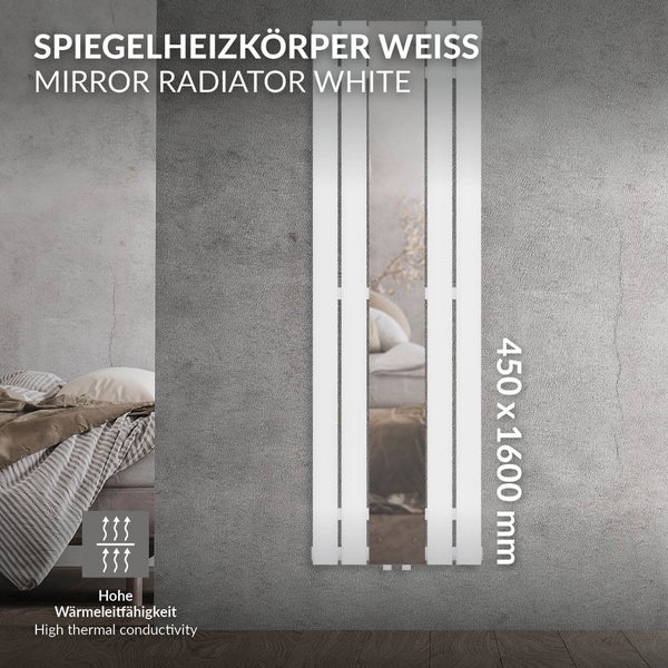 LuxeBath Badheizkörper Flach 1600 x 450 mm Weiß mit Spiegel, Design Paneelheizkörper Mittelanschluss Heizung, Flachheizkörper Vertikal Einlagig, Spiegelheizkörper Glasheizkörper, inkl. Montage-Set