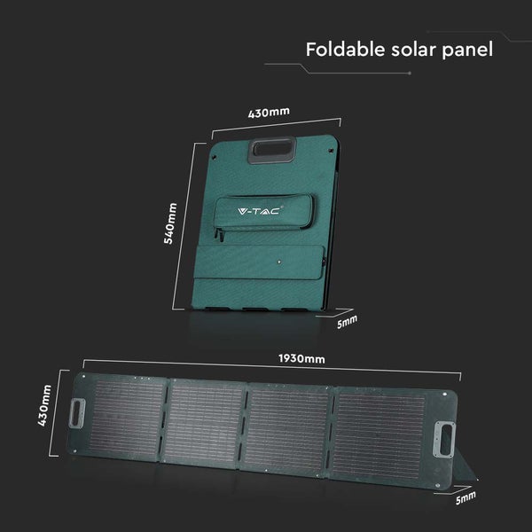 Faltbares Solarpanel mit den Maßen 430 x 540 Millimeter im zusammengeklappten Zustand und 430 x 1930 Millimeter im aufgeklappten Zustand, V-TAC Logo
