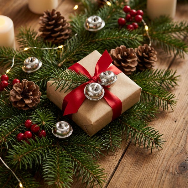 Weihnachtsgeschenk in braunem Papier mit roter Schleife und kleinen Glöckchen verziert, umgeben von Tannenzweigen, Zapfen und Lichterkette.