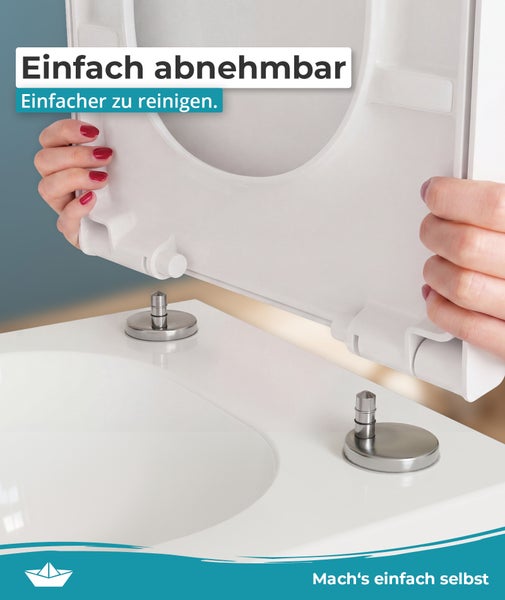 Ein abnehmbarer WC Sitz zur leichten Reinigung mit Edelstahl Scharnieren zur einfachen Montage