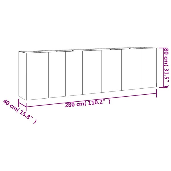 Maßzeichnung eines Sideboards mit sieben Türen. Maße: 280 Zentimeter Breite, 80 Zentimeter Höhe und 40 Zentimeter Tiefe.