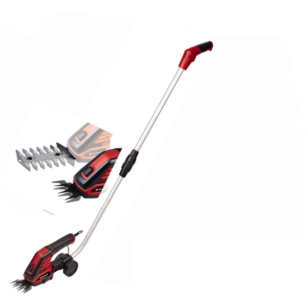 Einhell Akku-Gras- und Strauchschere mit Teleskopstiel, Laufrädern und wechselbaren Aufsätzen für die Gartenpflege.