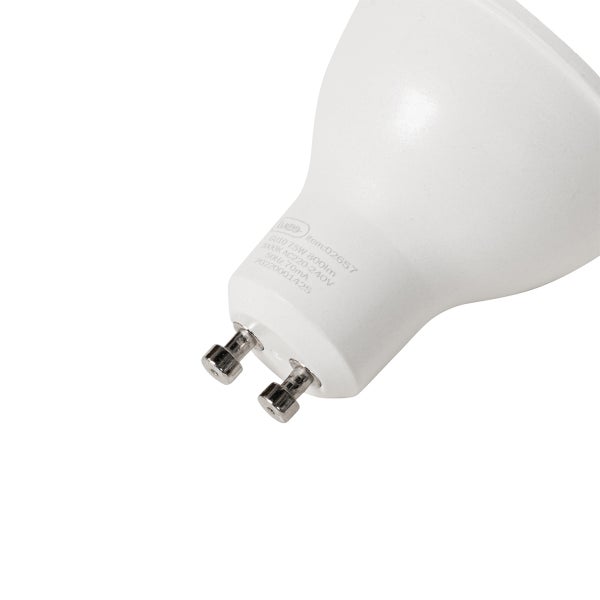LED-Leuchtmittel mit GU10-Sockel, 7,5 Watt, 800 Lumen, 3000 Kelvin, Nahaufnahme der Anschlussstifte.