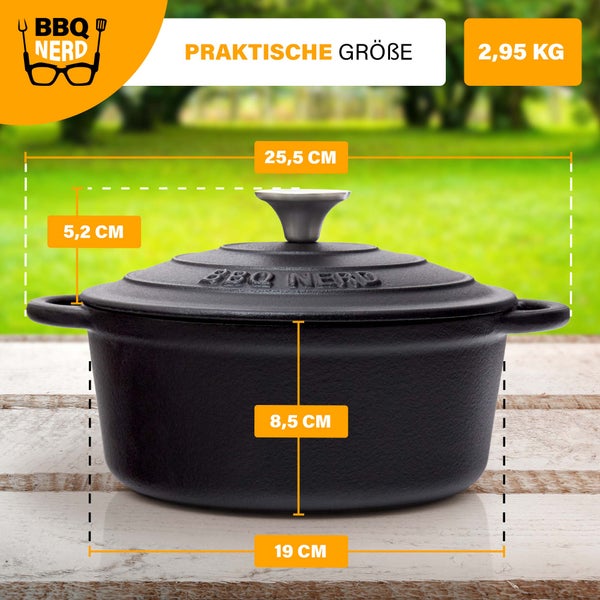 BBQ-Nerd Bräter (rund) mit Deckel 2,5 L aus Gusseisen mit Emaille-Beschichtung | Bratentopf Kochtopf Gusseisentopf - ideal zum langsamen Garen | Energieeffiziente, wärmespeichernde Cocotte