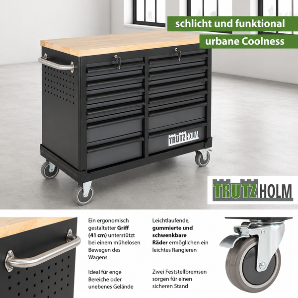 Schwarzer Trutzholm Werkstattwagen mit Holzplatte, zehn Schubladen, 41 Zentimeter langem Handgriff und vier gummierten Rollen. Trutzholm Logo.