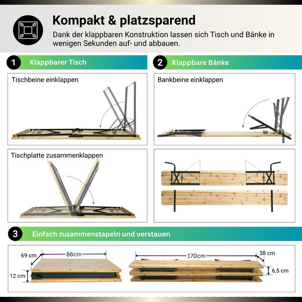 Infografik zur klappbaren Festzeltgarnitur aus Holz mit Darstellung der Klappfunktion und Maßen in Zentimeter von Tisch und Bänken.