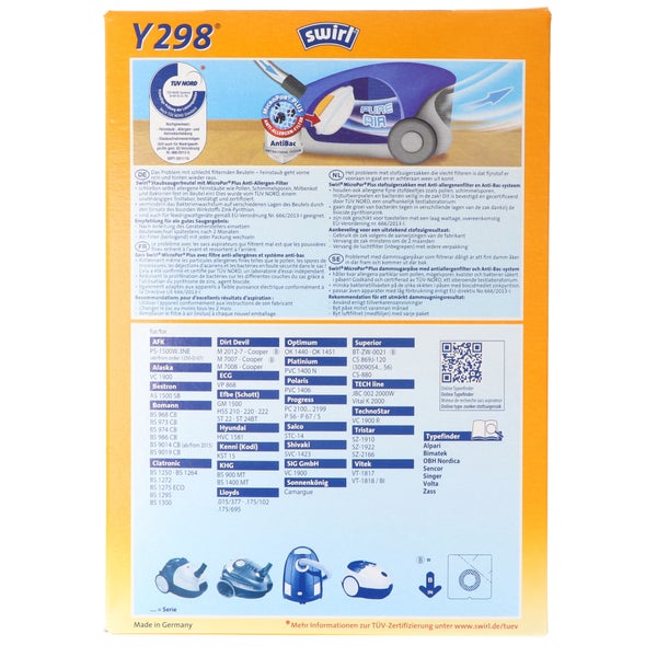 Swirl Staubsaugerbeutel Y298 (Y198) MicroPor Plus für Clatronic, Dirt Devil und Progress Staubsauger