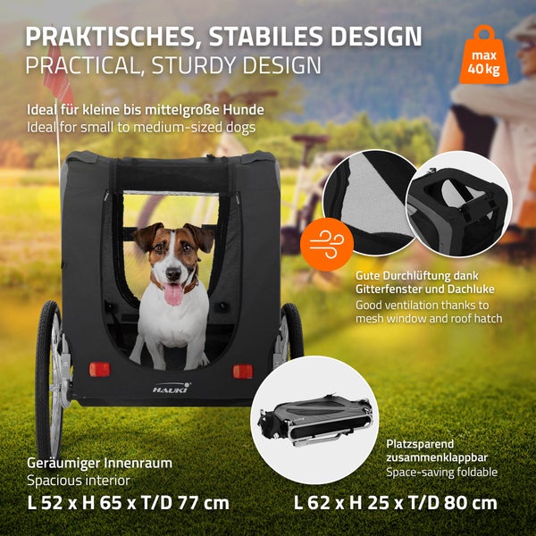 Hauki Fahrradanhänger & Hundebuggy 2in1 klappbar, Schwarz-Grau, 130x72x90 cm, Hundeanhänger für Hunde bis 40kg, Anhänger mit Reflektoren/Leine/Flagge, Hundefahrradanhänger Hundewagen Hundetransporter