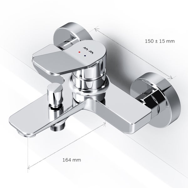 Aufputz Badewannenarmatur mit den Maßen 150 plus minus 15 Millimeter und 164 Millimeter