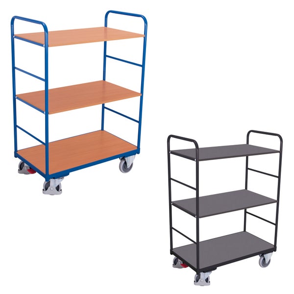 Etagenwagen mit drei Böden und vier Rollen, stabiles Metallgestell, abgebildet in zwei verschiedenen Farbausführungen.