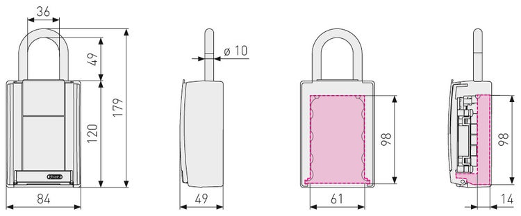 Technische Zeichnung mit Maßangaben für einen ABUS Schlüsseltresor. Gesamthöhe 179 Millimeter, Breite 84 Millimeter, Tiefe 49 Millimeter.