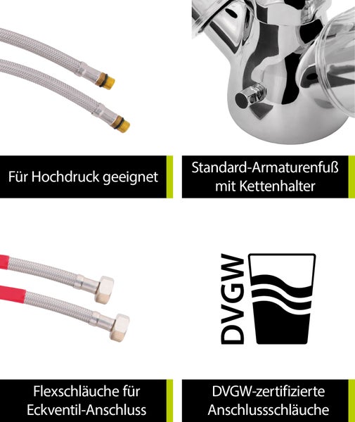 aquaSu® Zweigriffmischer Standard Plus für Küchenspüle | Schwenkbarer HU-Auslauf | Höhe 26 cm | Auslaufhöhe 21,3 | Chrom | Wasserhahn Küche mit Befestigungsmaterial | Spüle | 062893