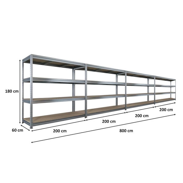Langes, silberfarbenes Metallregal mit mehreren Regalböden und den Maßen 180 x 800 x 60 cm