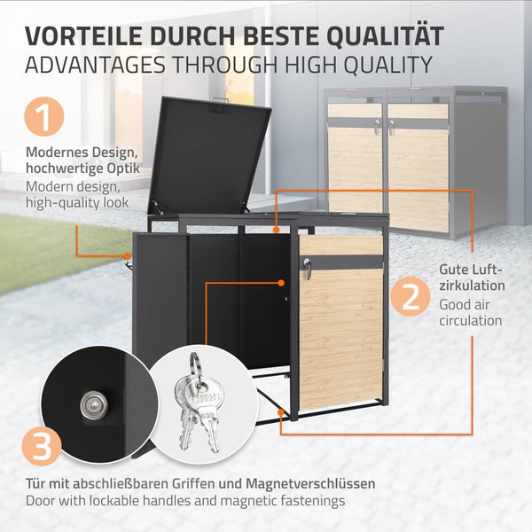 Mülltonnenbox mit Details zu modernem Design, guter Luftzirkulation, abschließbaren Griffen und Magnetverschlüssen.