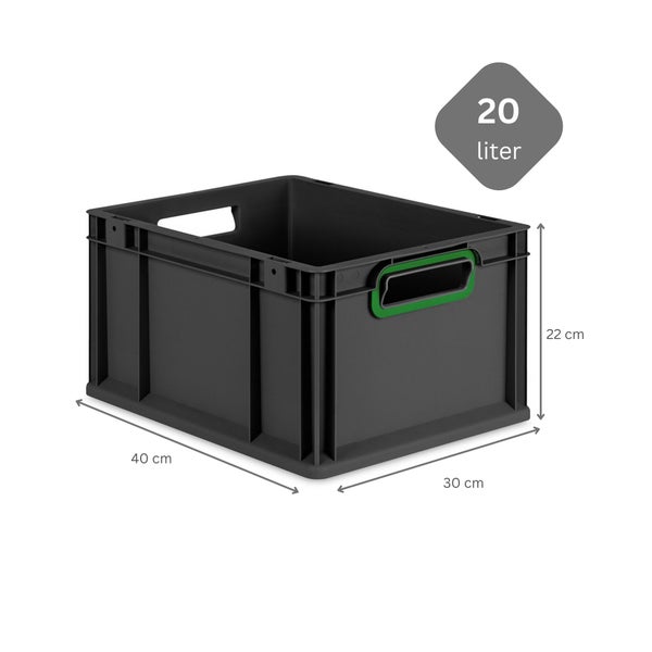 PROREGAL SuperSparSet 5x Eurobox NextGen Color mit Scharnierdeckel und Schiebeschnappverschlüssen, HxBxT 22x30x40cm, 20 Liter, Schwarz, Griffe grün offen, Eurobehälter, Transportbox, Transportbehälter, Stapelbehälter