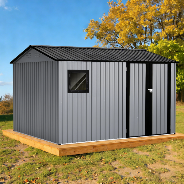Gartenschuppen aus Metall mit Fenster und Doppeltür auf Holzfundament