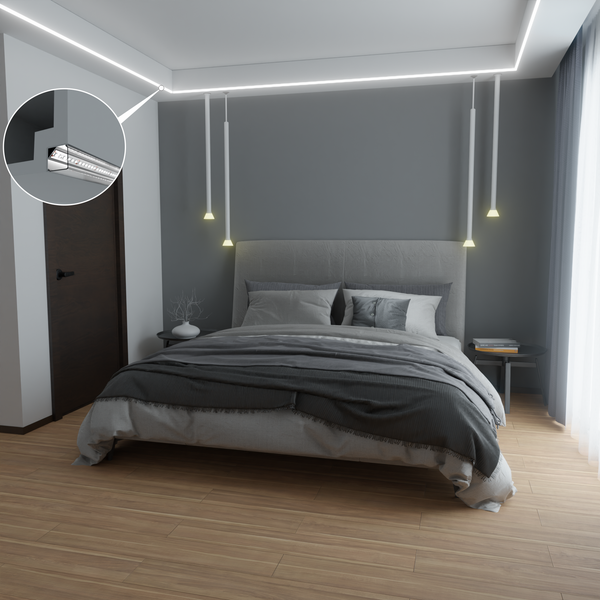 Schlafzimmer mit LED-Leiste für indirekte Beleuchtung an der Decke