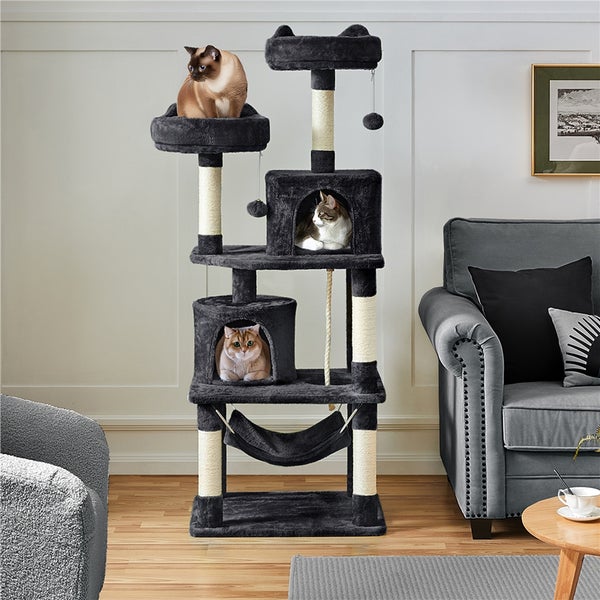 Katzenkratzbaum mit mehreren Ebenen, Höhlen und Hängematte mit Katzen