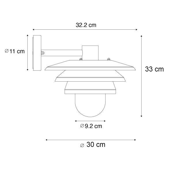 Maßskizze einer Außenwandleuchte mit Abmessungen: Breite 32,2 Zentimeter, Gesamthöhe 33 Zentimeter und Schirmdurchmesser 30 Zentimeter.