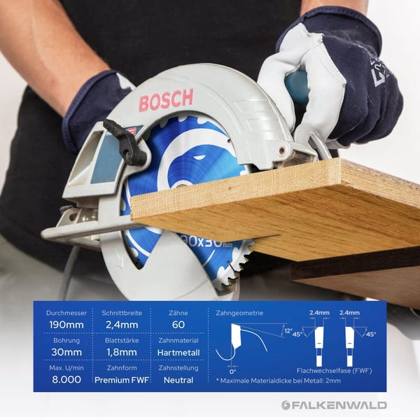 FALKENWALD ® Sägeblatt 190x30 60 Zähne - Ideal für Holz, Metall & Alu - Multi Kreissägeblatt 190x30 - Kompatibel mit Handkreissäge von Bosch & Makita - 190x30