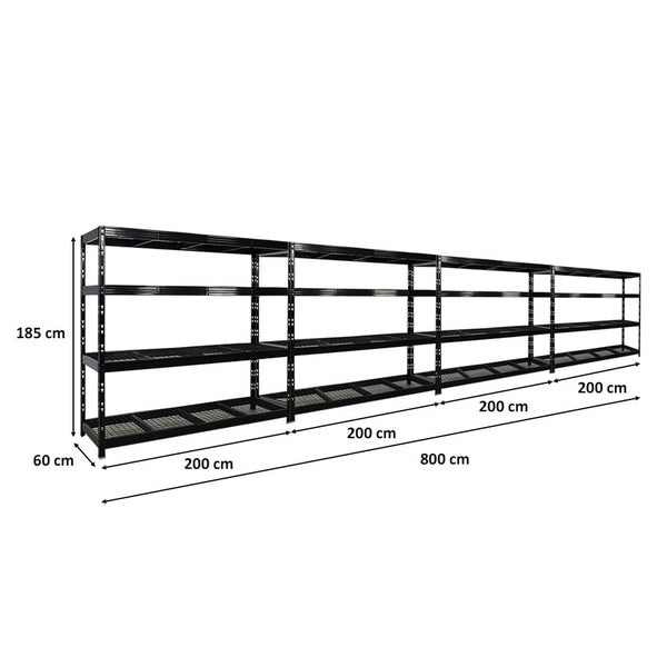 PROREGAL Mega Deal 4x Profi Schwerlastregal Rhino HxBxT 180x200x60cm 4 Gitterrost-Ebenen Fachlast 500kg Schwarz