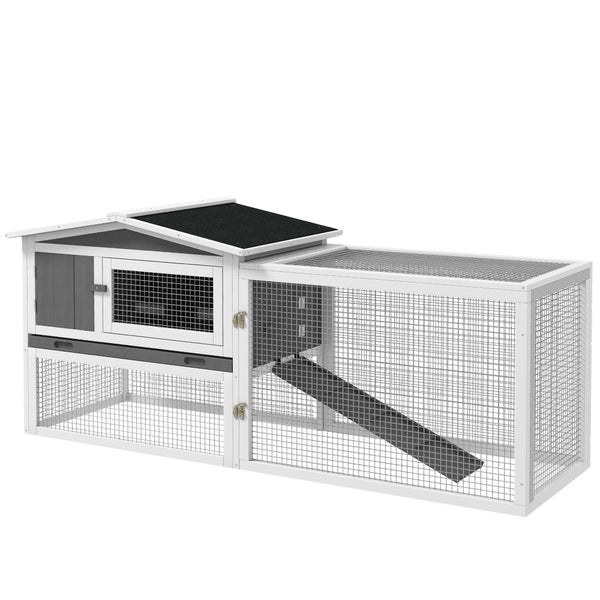 PawHut Hasenstall Kaninchenstall mit Freilaufgehege Bodenwanne, Rampe, Kleintierstall aus Holz Meerschweinchen Gehege mit 2 Etagen, Sichtfenster, für Zwergkaninchen 156x58x68 cm, Hellgrau