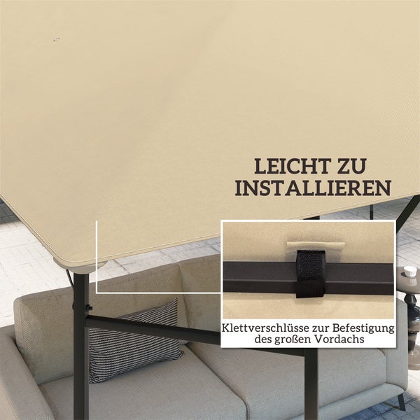 Beiges Vordach mit Klettverschlüssen zur einfachen Befestigung am schwarzen Metallrahmen über einer Gartenlounge.