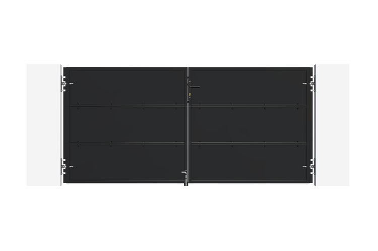 Zweiflügeliges Einfahrtstor aus Metall mit horizontalen Paneelen in Schwarz, montiert an weißen Pfeilern.