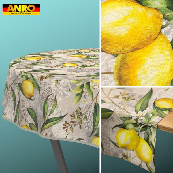 Abwaschbare Tischdecke aus Wachstuch mit Zitronen- und Blättermotiv im Patchwork-Stil und Anro Logo.