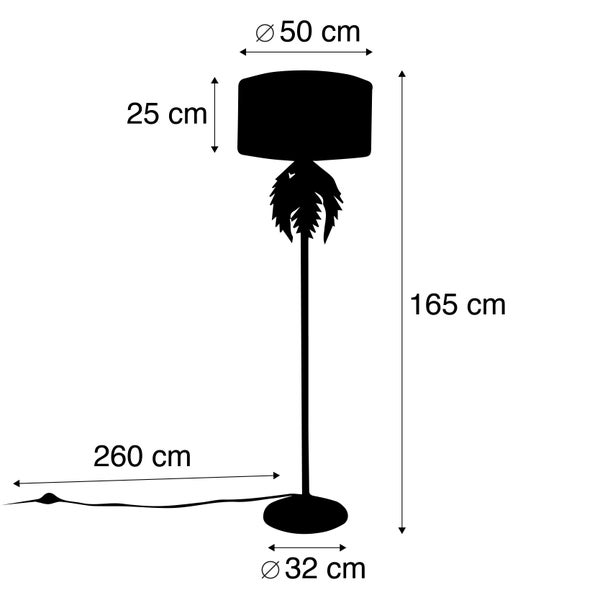 Technische Zeichnung einer Stehlampe mit den Maßen 165 Zentimeter Höhe, 50 Zentimeter Durchmesser Lampenschirm, 25 Zentimeter Höhe Lampenschirm und 32 Zentimeter Durchmesser Lampenfuß