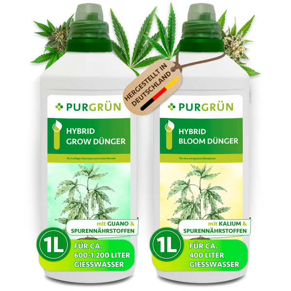 Zwei 1-Liter-Flaschen Purgrün Hybrid-Dünger für Wachstum und Blüte, hergestellt in Deutschland, mit Guano, Kalium und Spurennährstoffen.