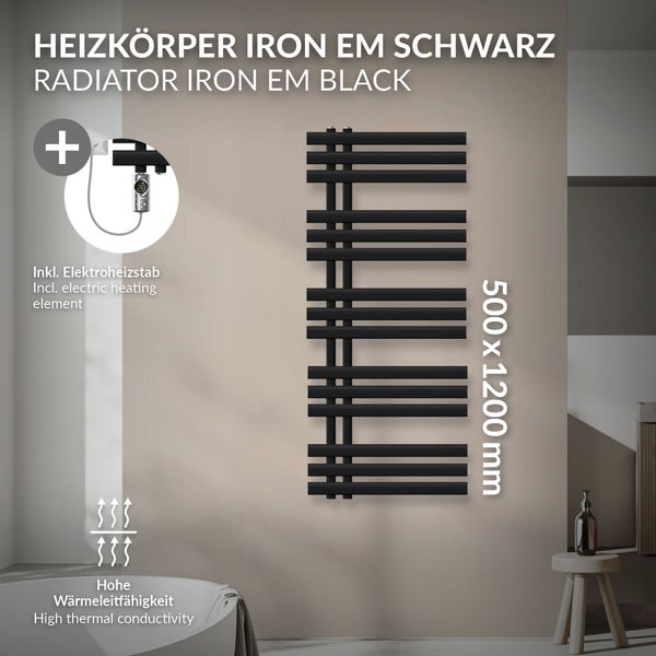 LuxeBath Elektrischer Badheizkörper IronEM 500x1200mm Schwarz matt inkl. Heizstab 1200W Chrom mit Thermostat Digitalanzeige, Handtuchheizkörper mit Heizpatrone, Elektro Handtuchwärmer Paneelheizkörper