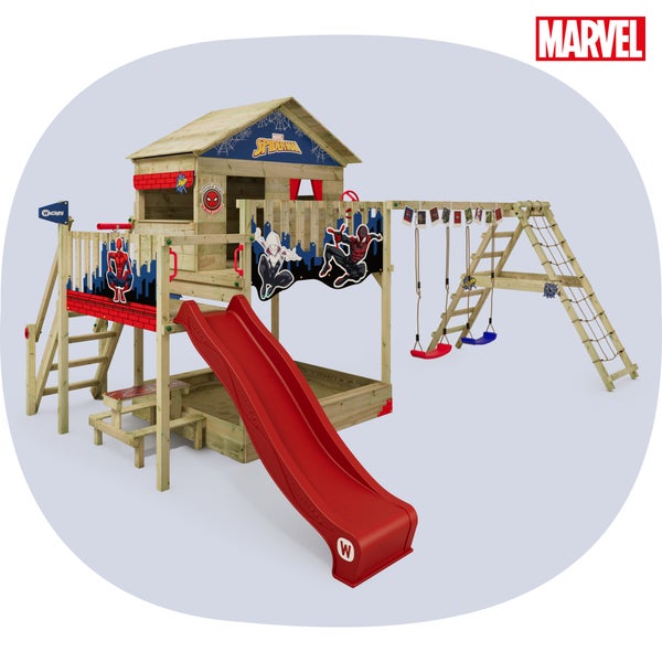 WICKEY Spielturm Marvel Spider-Man Saga mit Rutsche, Picknicktisch, Kletteranbau und Doppelschaukel