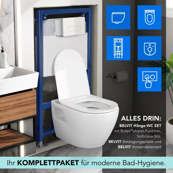 BELVIT Hänge-WC Set mit Bidetfunktion, Vorwandelement, Softclose-Sitz und Betätigungsplatte für eine moderne Badgestaltung.