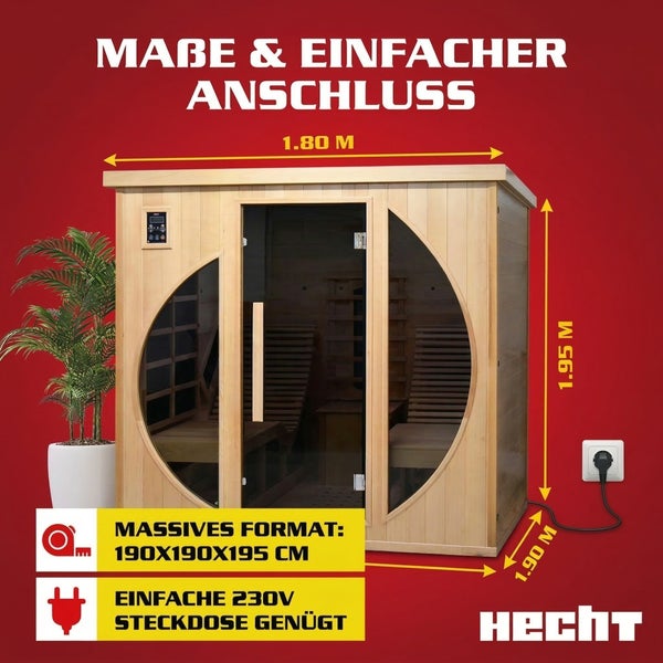 Holz-Infrarotkabine mit Glasfront, Maße 190 mal 190 mal 195 Zentimeter, 230 Volt Anschluss, Hecht Logo.