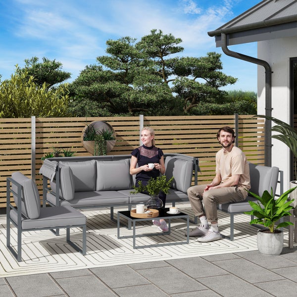 Outsunny Gartenmöbel Set wetterfest Sitzgruppe für 5 Personen Gartenlounge mit 3er Sofa 2 Sessel Sonnendach Kissen Beistelltisch Outdoor Balkonmöbel-Set Terrassenmöbel für Garten Balkon Grau