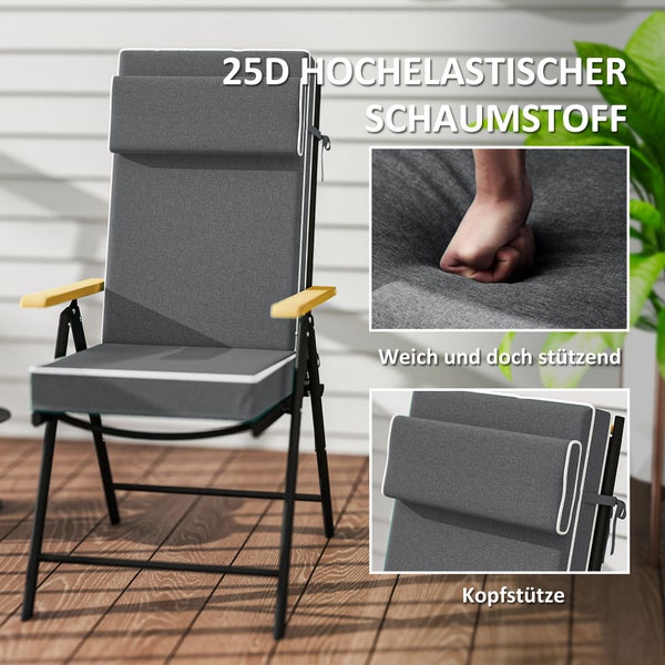 Outsunny Sitzkissen 120 x 47 x 9,5 cm wasserabweisend Stuhlkissen mit Bändern, Kopfstütze, UPF50+ Outdoor Indoor Sitzauflage, Sitzpolster für Klappstuhl, Essstuhl, Dunkelgrau