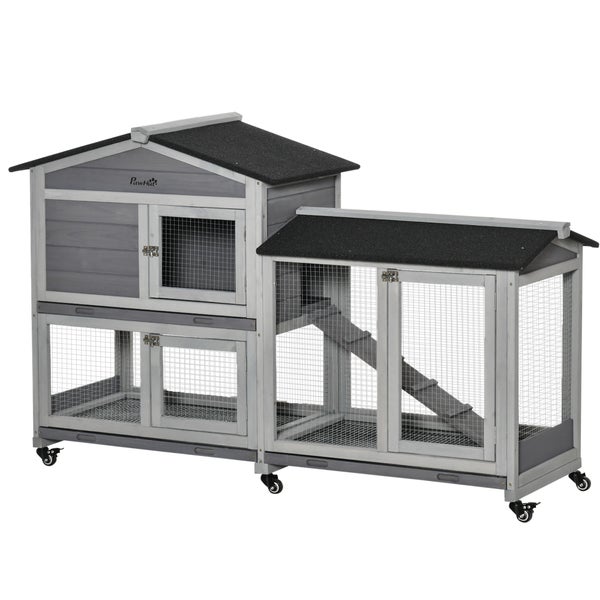 PawHut Kleintierstall mit Rollen Zwergkaninchenstall Freilaufgehege Asphaltdach Kleintierhaus Zwergkaninchenauslauf Doppelstöckiger Tannenholz Stahl Grau 157,4 x 53 x 99,5 cm