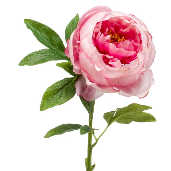 Künstliche Pfingstrose mit einer pinkfarbenen Blüte und grünen Blättern am Stiel.