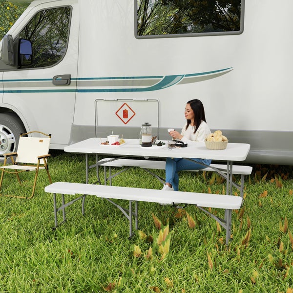 Outsunny Bierzeltgarnitur Klappbar 3-teiliges Set Campingtisch, 2 Bierbank mit Tragegriff, Festzeltgarnitur Biertischgarnitur für Balkon, Garten, Partyzelt 180 x 74 x 74 cm