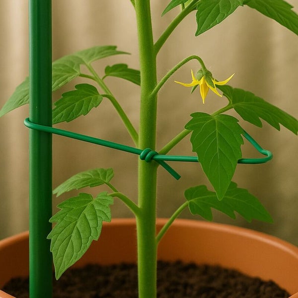 Tomatenpflanze mit Stützpfahl und Blüten in einem Topf