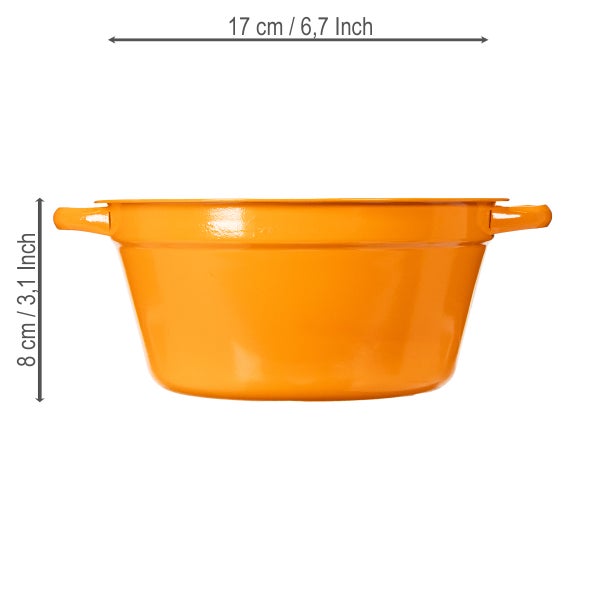 Orangefarbener Pflanztopf mit den Maßen 17 cm Länge und 8 cm Höhe.