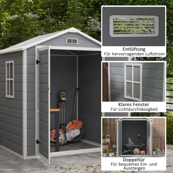 Outsunny Gerätehaus mit Pultdach, 2,12 m² Geräteschuppen mit Fenster, Handschuhe, für Garten, Balkon, 183 x 134 x 210 cm, Grau