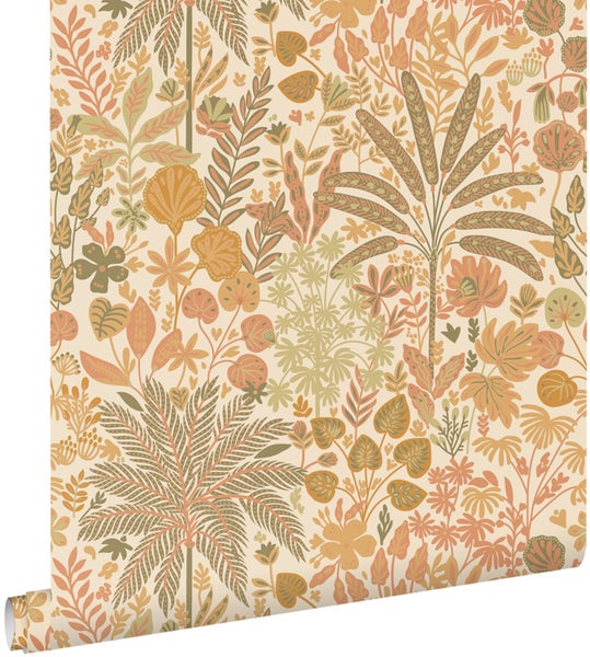 ESTAhome Tapete tropische Blätter und Blüten Orange und Olivgrün - 50 x 900 cm - 130943