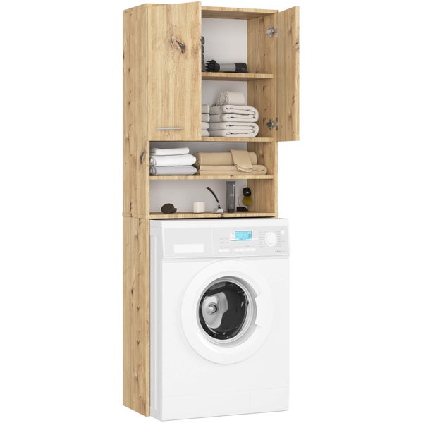 Waschmaschine mit passendem Holzschrank für zusätzlichen Stauraum im Badezimmer.
