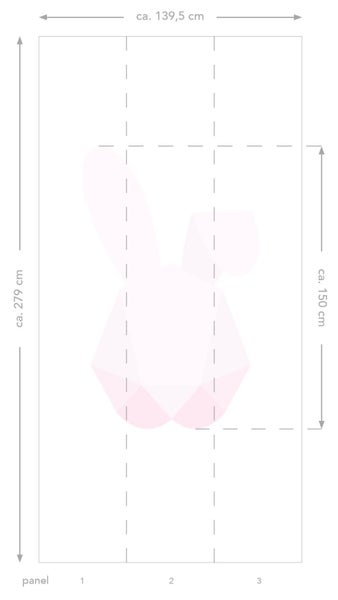 Dimensionszeichnung einer Tapete mit Hasenmotiv und den Maßen circa 139,5 cm Breite und circa 279 cm Höhe.