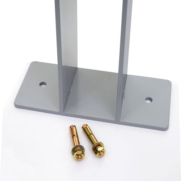 Pfostenträger aus Metall inklusive zwei Schwerlastankern für die Bodenbefestigung.