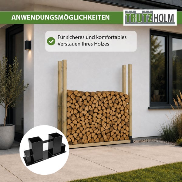 Holzregalhalterung von Trutzholm für eine stabile Kaminholzstapelung an einer Hauswand inklusive Anwendungsbeispiel mit gestapeltem Brennholz.